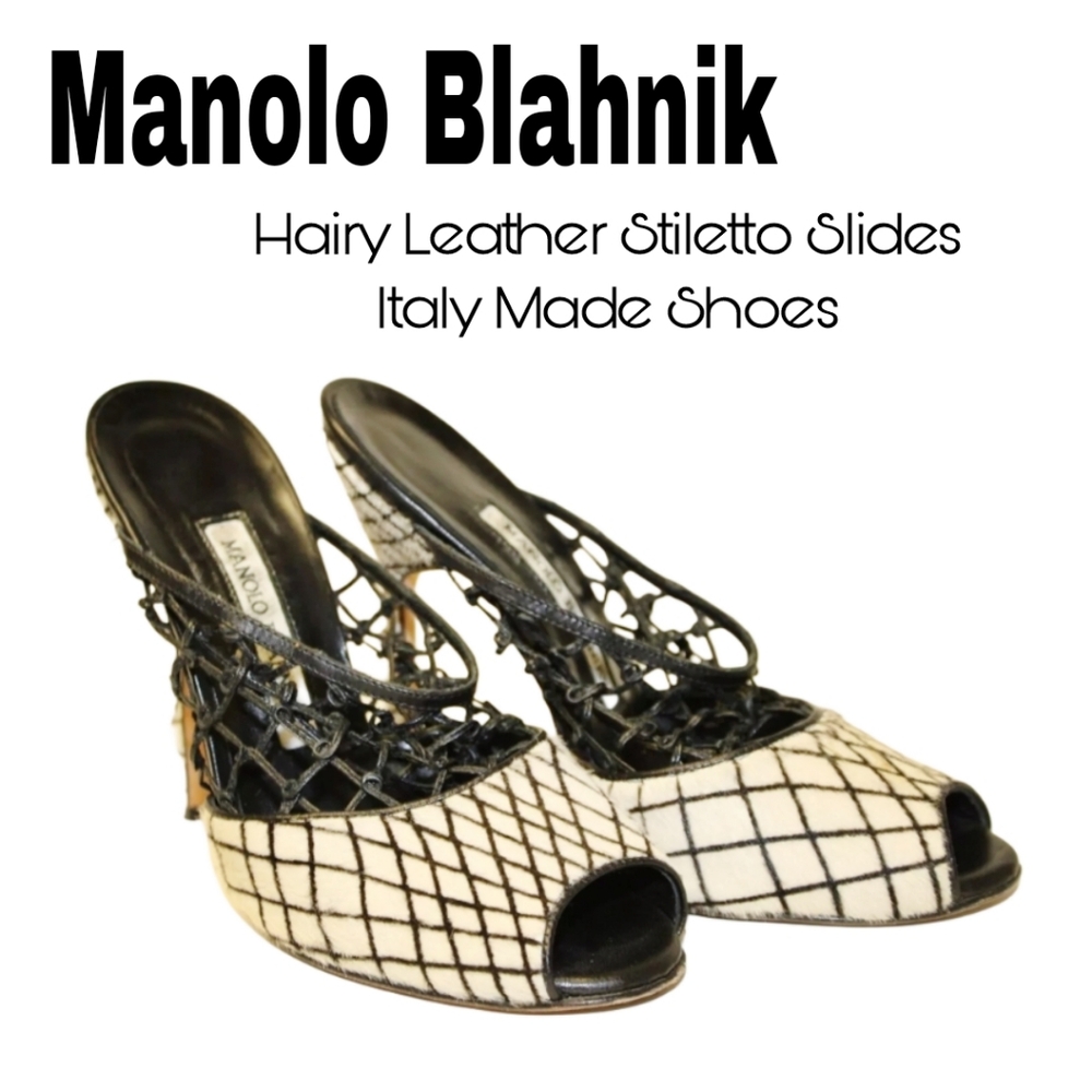 Manolo Blahnik Womens 6.5 HairyLeather Stiletto Slides Italy Shoes - Picture 2 of 16